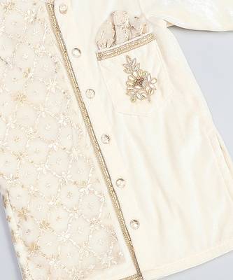 White printed velvet Boy's Kurta Pyjama 5