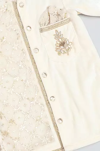 White printed velvet Boy's Kurta Pyjama