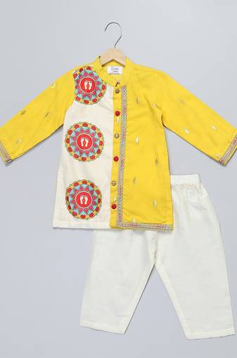 Yellow printed cotton silk kurta pyjama