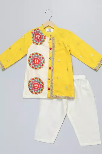 Yellow printed cotton silk kurta pyjama