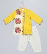 Yellow printed cotton silk kurta pyjama