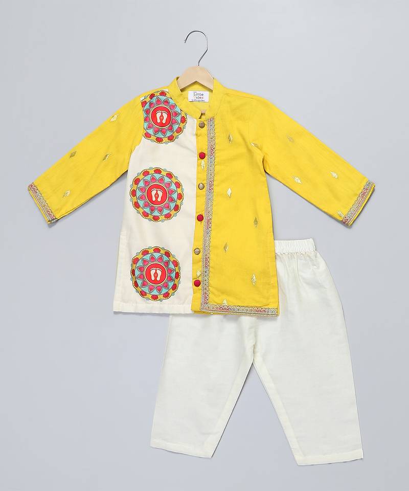 Yellow printed cotton silk kurta pyjama