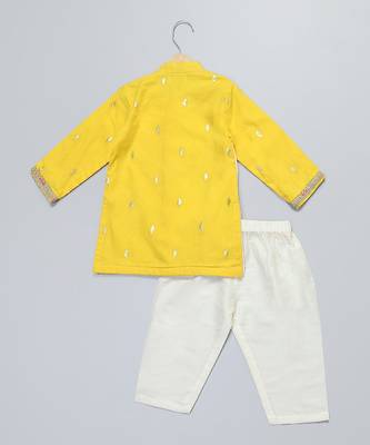 Yellow printed cotton silk Boy's Kurta Pyjama 2