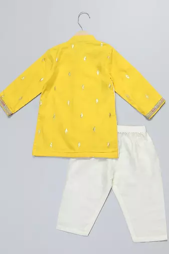 Yellow printed cotton silk Boy's Kurta Pyjama