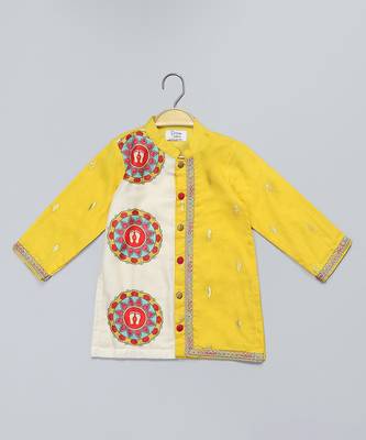 Yellow printed cotton silk Boy's Kurta Pyjama 3