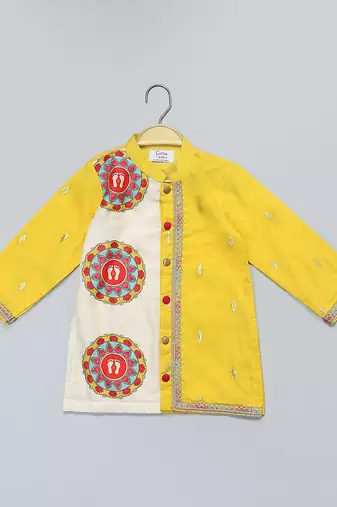 Yellow printed cotton silk Boy's Kurta Pyjama