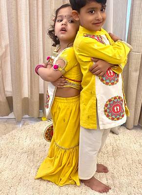 Yellow printed cotton silk Boy's Kurta Pyjama 5