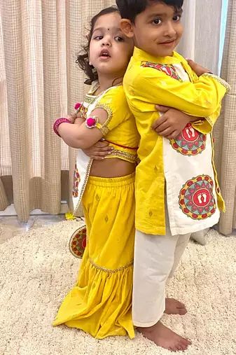 Yellow printed cotton silk Boy's Kurta Pyjama