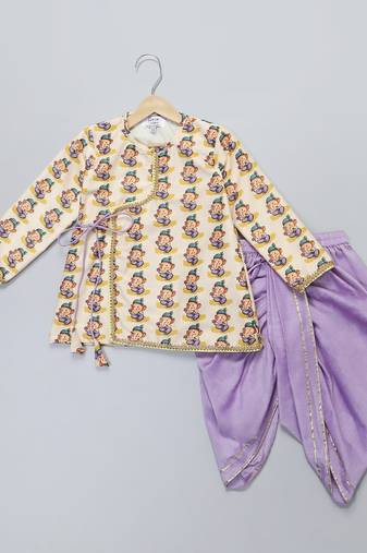 Yellow printed cotton silk kurta pyjama