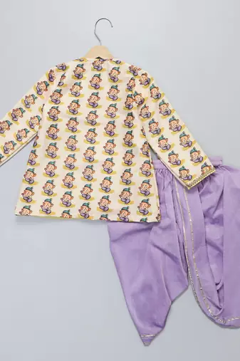 Yellow printed cotton silk Boy's Kurta Pyjama
