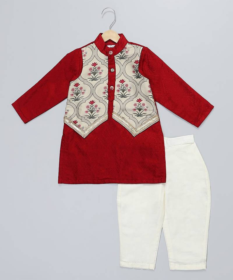 Red printed cotton silk kurta pyjama