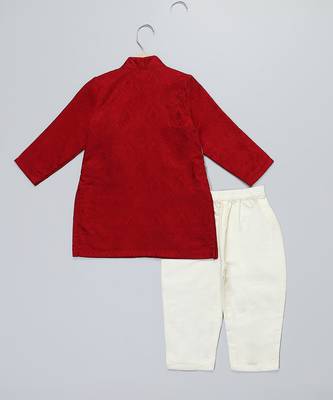 Red printed cotton silk Boy's Kurta Pyjama 2