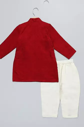 Red printed cotton silk Boy's Kurta Pyjama