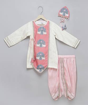 pink printed cotton silk Boy's Kurta Pyjama 2