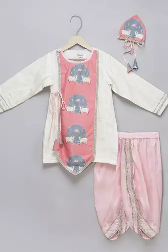 pink printed cotton silk Boy's Kurta Pyjama