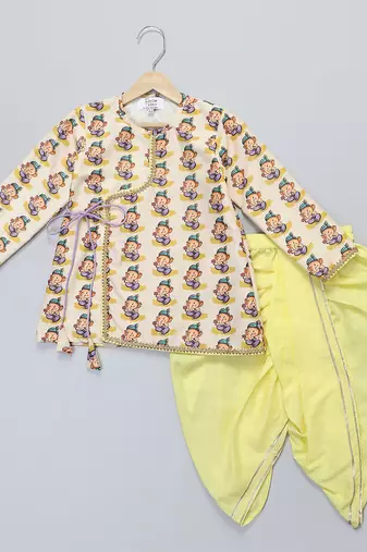 Yellow printed cotton silk kurta pyjama