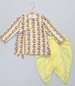 Yellow printed cotton silk kurta pyjama