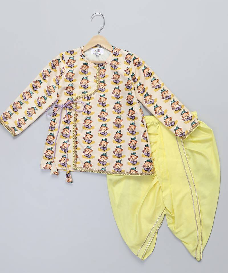 Yellow printed cotton silk kurta pyjama