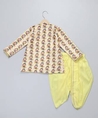 Yellow printed cotton silk Boy's Kurta Pyjama 2