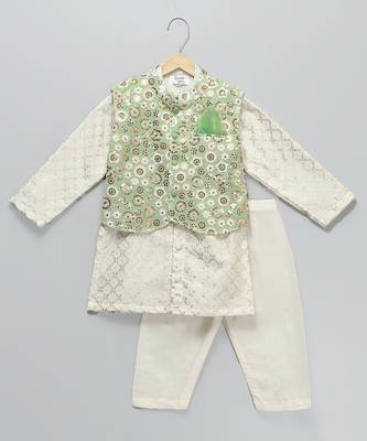 Green embroidered cotton silk boy's nehru jacket set 1
