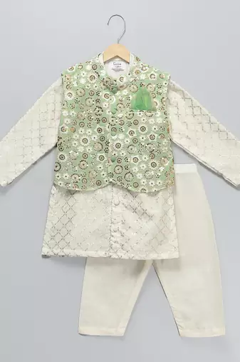 Green embroidered cotton silk nehru jacket set