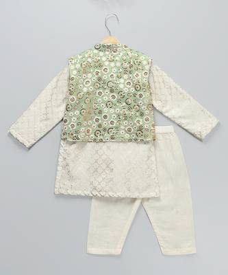 Green embroidered cotton silk boy's nehru jacket set 2