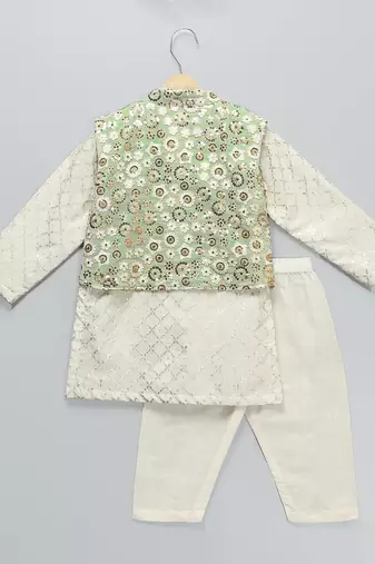 Green embroidered cotton silk nehru jacket set