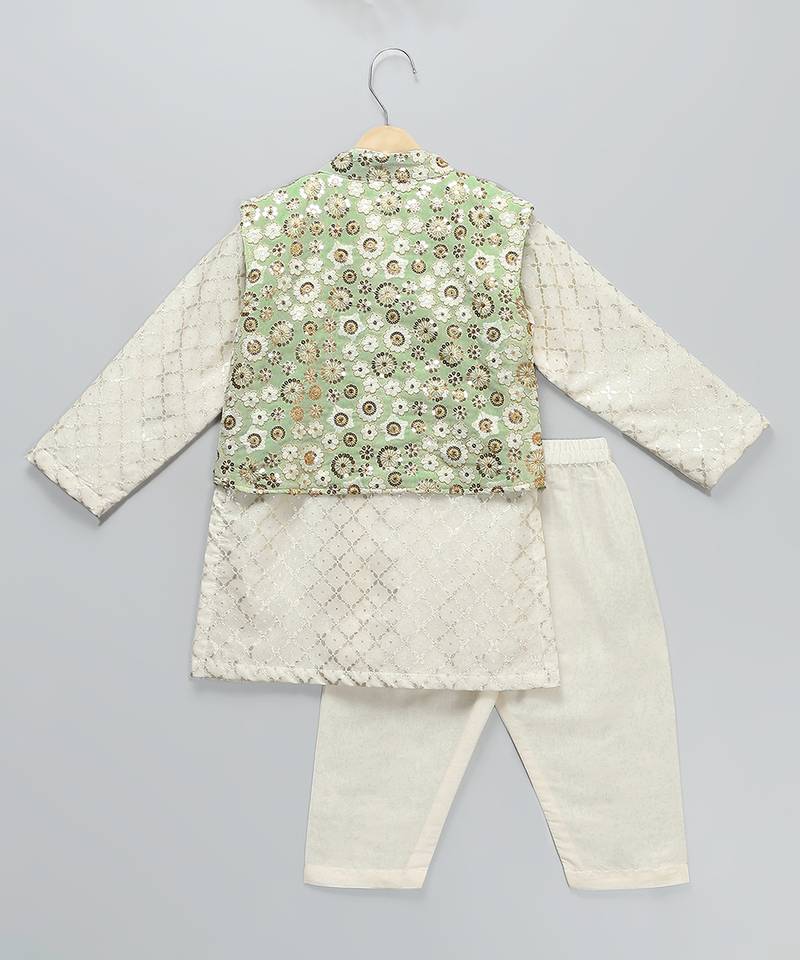 Green embroidered cotton silk nehru jacket set