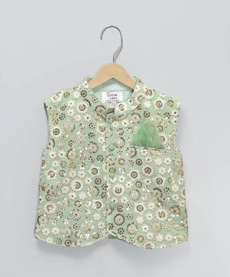 Green embroidered cotton silk boy's nehru jacket set 3