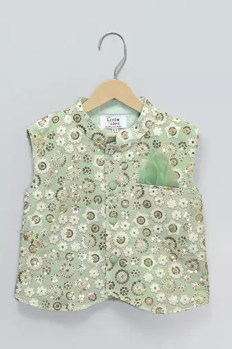 Green embroidered cotton silk nehru jacket set