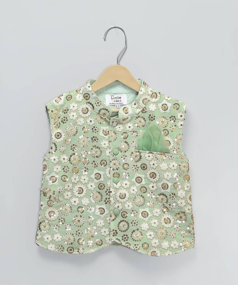 Green embroidered cotton silk nehru jacket set