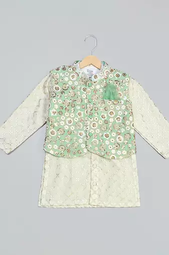 Green embroidered cotton silk nehru jacket set