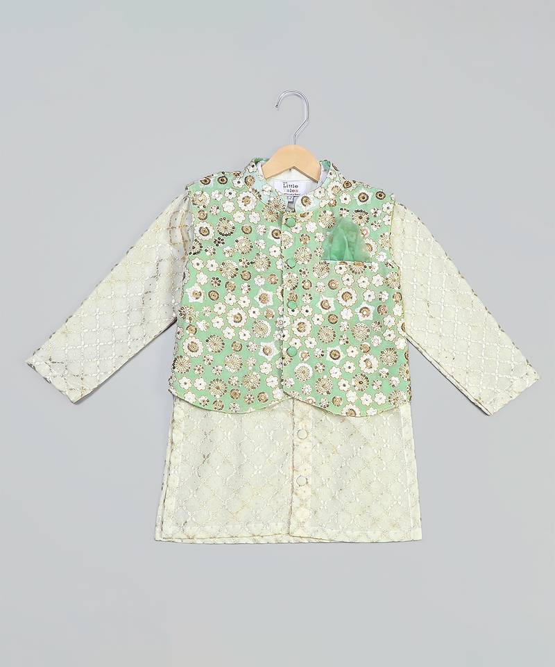 Green embroidered cotton silk nehru jacket set