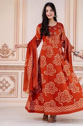 Orange embroidered round neck pure cotton kurta trouser dupatta set