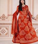 Orange embroidered round neck pure cotton kurta trouser dupatta set