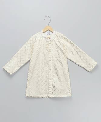 Green embroidered cotton silk boy's nehru jacket set 5