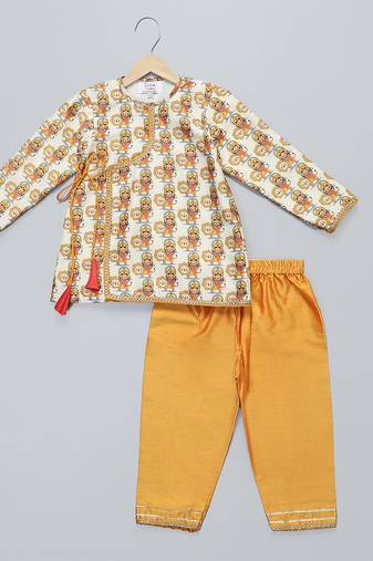 Yellow printed cotton silk kurta pyjama
