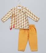 Yellow printed cotton silk kurta pyjama
