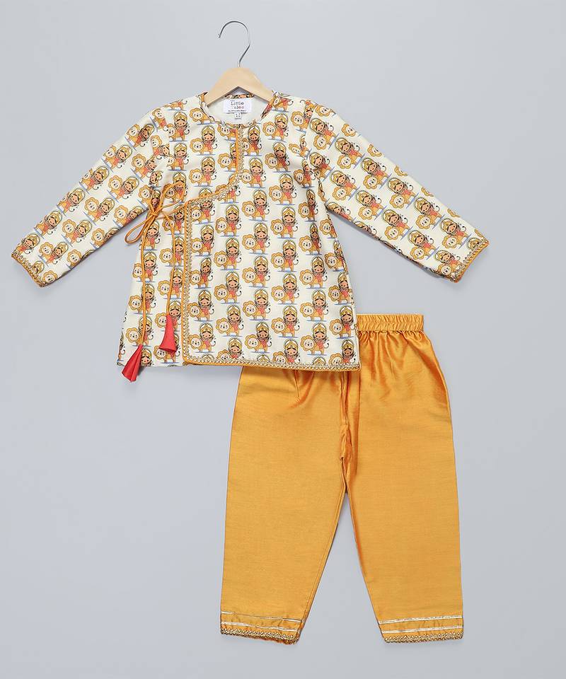 Yellow printed cotton silk kurta pyjama