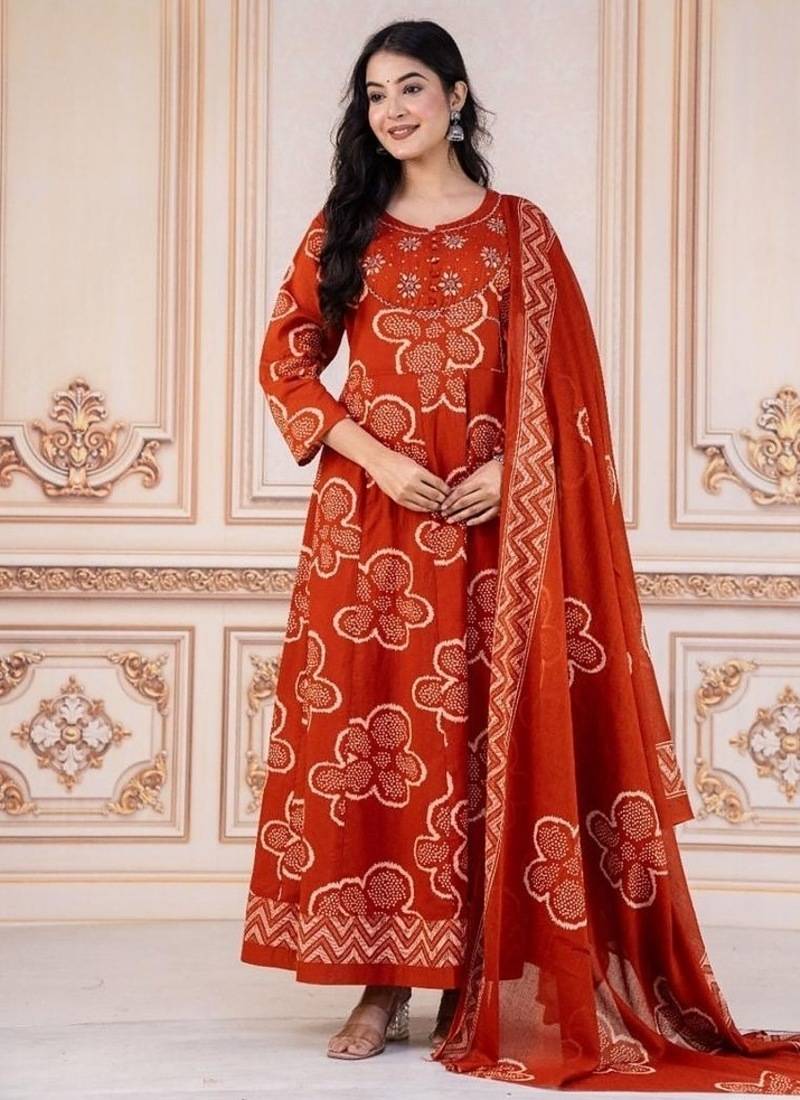 Orange embroidered round neck pure cotton kurta trouser dupatta set