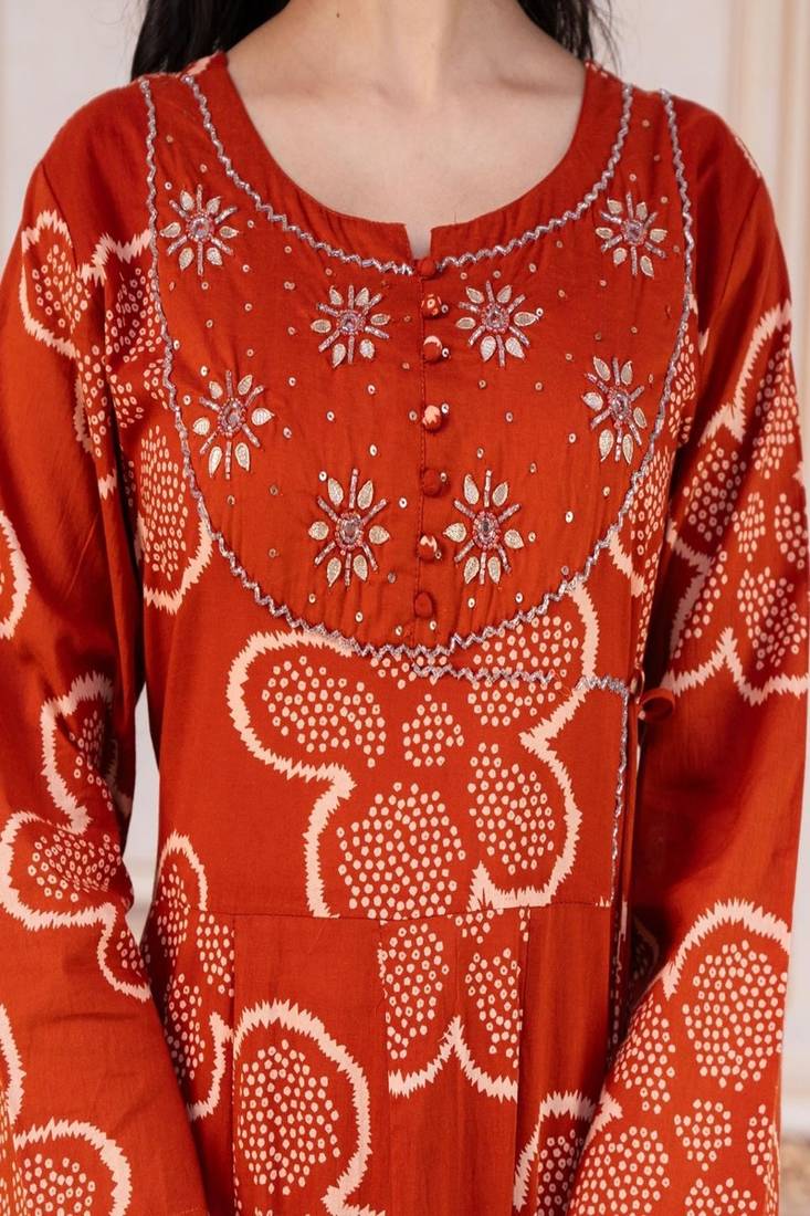 Orange embroidered round neck pure cotton kurta trouser dupatta set