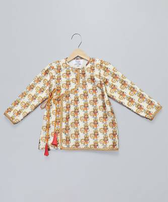 Yellow printed cotton silk Boy's Kurta Pyjama 3