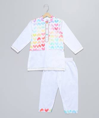 White printed cotton Boy's Kurta Pyjama 1