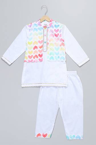 White printed cotton kurta pyjama