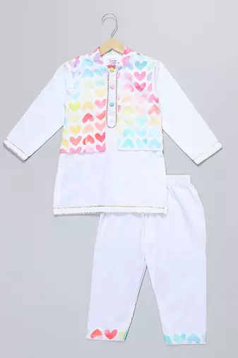 White printed cotton kurta pyjama