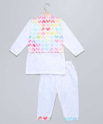 White printed cotton Boy's Kurta Pyjama 2