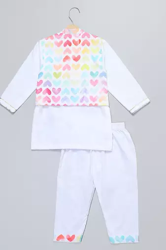 White printed cotton Boy's Kurta Pyjama