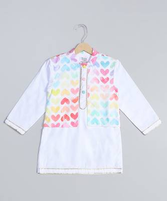 White printed cotton Boy's Kurta Pyjama 3