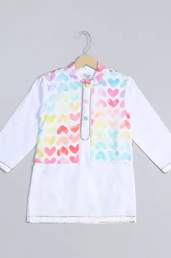 White printed cotton Boy's Kurta Pyjama