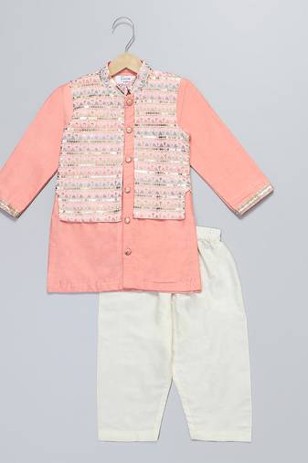 Peach embroidered cotton silk kurta pyjama
